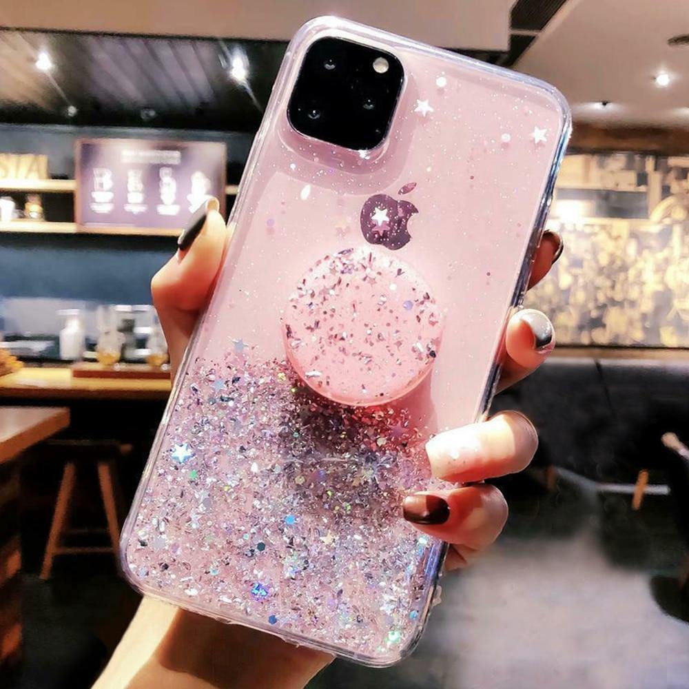 Bling Glitter Case For iPhone 11 Pro Max 11 Pro 11 XS XR X XS Max 6s 6 7 8 PlusSlim Case With Stand Holder Phone Cases Socket - Surprise store