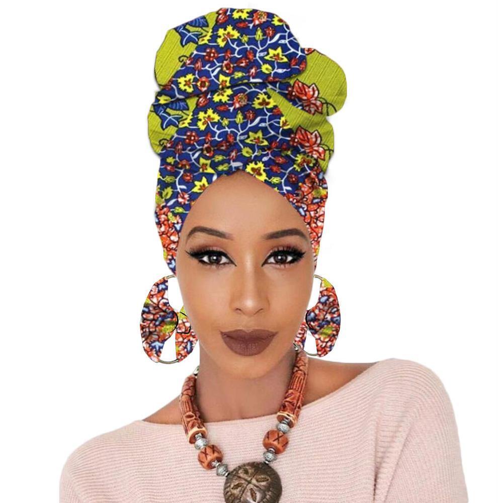 Print turban traditional African headscarf women headtie print headwrap with earring - Surprise store