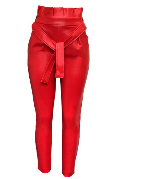 Women's Fashion Plus Size 2XL Casual Pocket Design Skinny Ankle-Length Pants OL Frills High Waist Belted PU Pencil Pants