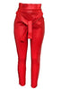 Women's Fashion Plus Size 2XL Casual Pocket Design Skinny Ankle-Length Pants OL Frills High Waist Belted PU Pencil Pants