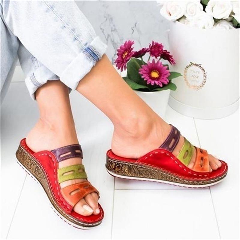 Wedge Heel Women Slippers Summer Women shoes Retro Stitching Low Beach Open Peep Toe Sandals 3 colors Shoes Slides woman shoes