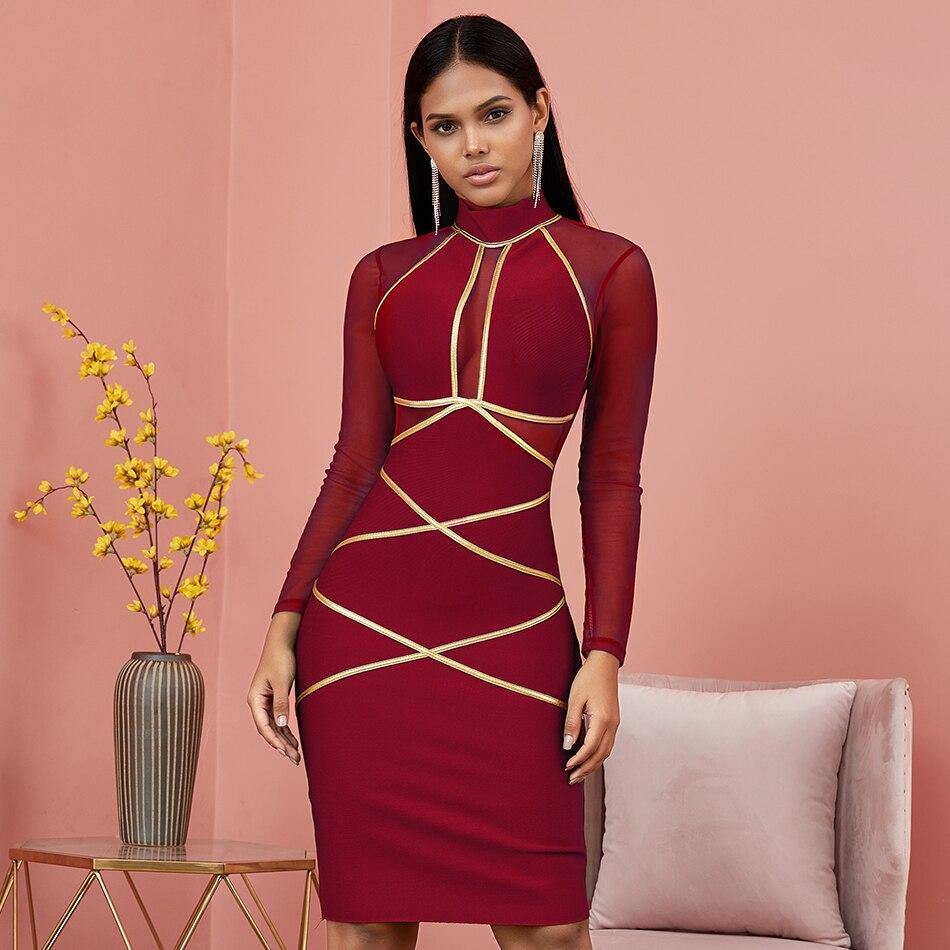 Spring Green Long Sleeve Bodycon Bandage Dress Women Sexy Hollow Out Mesh Dresses Autumn Celebrity Evening Runway Party Vestidos - Surprise store