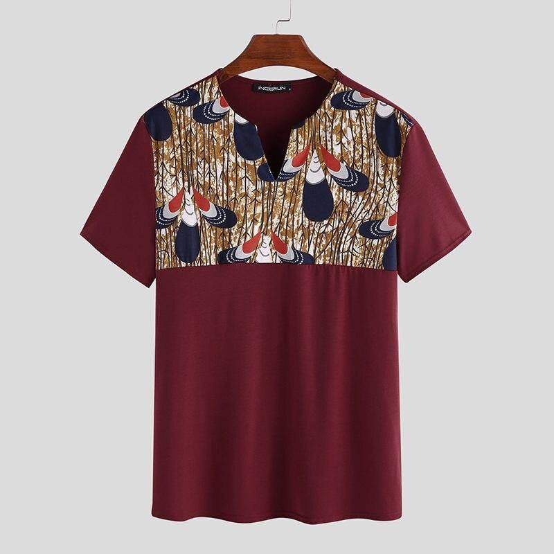 INCERUN Fashion Men Casual T Shirt Short Sleeve Print Patchwork V Neck 2020 African Dashiki Tops Summer T-shirts Men Clothes 5XL - Surprise store