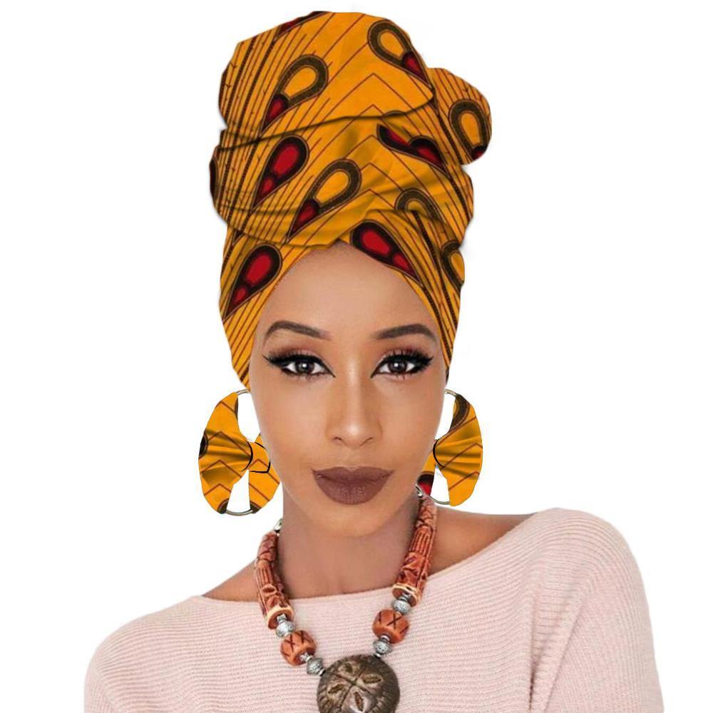 Print turban traditional African headscarf women headtie print headwrap with earring - Surprise store