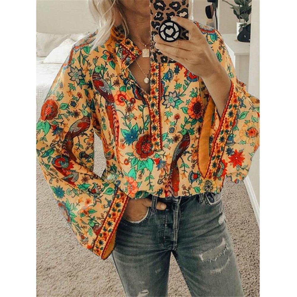 Fanbety Plus size Autumn Chic Blouses women Peacock Floral Print Long Sleeve Shirts women Casual V-neck Boho Blouse Tops Female - Surprise store