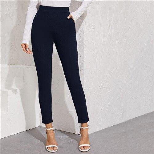 SHEIN Solid Elastic Waist Pocket Side Split Hem Elegant Pants Women Bottoms Autumn High Waist Office Ladies Skinny Trousers - Surprise store