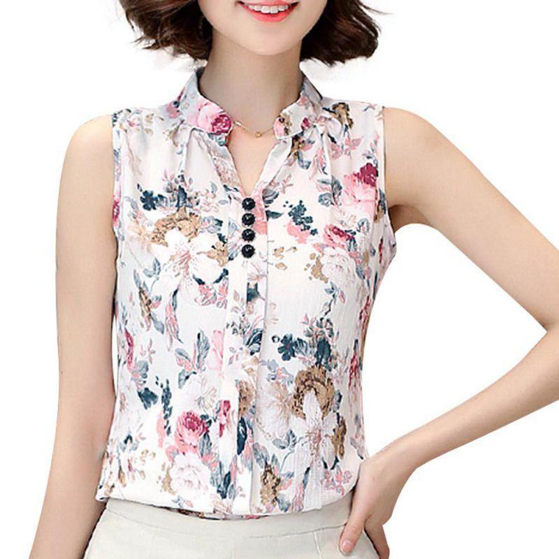 EFINNY Summer Women Tops Casual Sleeveless V-Neck Fashion Women Blouse Shirt Chiffon Print Blouses Ladies Blusas - Surprise store