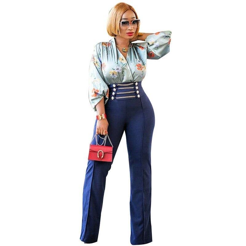 Front Metal Chain Button High Waist Wide Leg Pants Women Fashion Elegant Blue Work Business Casual Pants Palazzo Pants Trousers - Surprise store