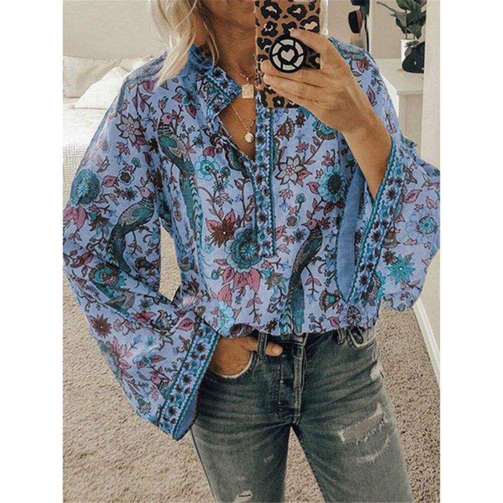 Fanbety Plus size Autumn Chic Blouses women Peacock Floral Print Long Sleeve Shirts women Casual V-neck Boho Blouse Tops Female - Surprise store