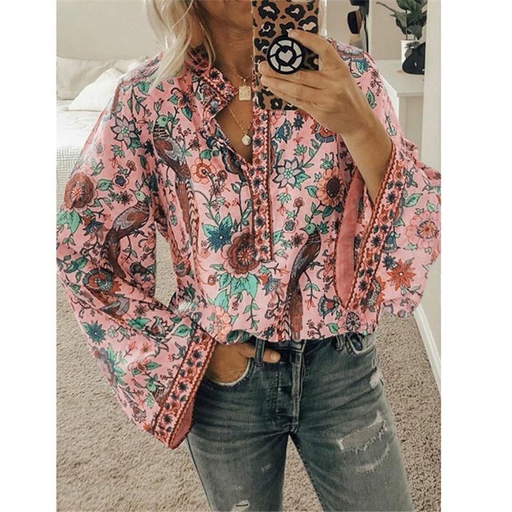 Fanbety Plus size Autumn Chic Blouses women Peacock Floral Print Long Sleeve Shirts women Casual V-neck Boho Blouse Tops Female - Surprise store