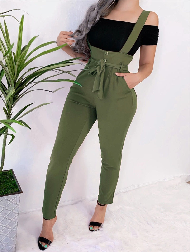 Women Streetwear Long Pants Bandage Design Button Pockets Decor High Waist Pencil Pants Lady Slim Hips Shoulder Straps Trousers