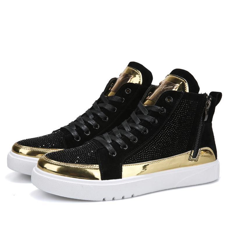2019 Cool Men High Top Men Gold Glitter Sneakers Lace Up Crystal Platform Flats Gold Shoes Man Sequins krasovki Bling Shoes AC-2 - Surprise store