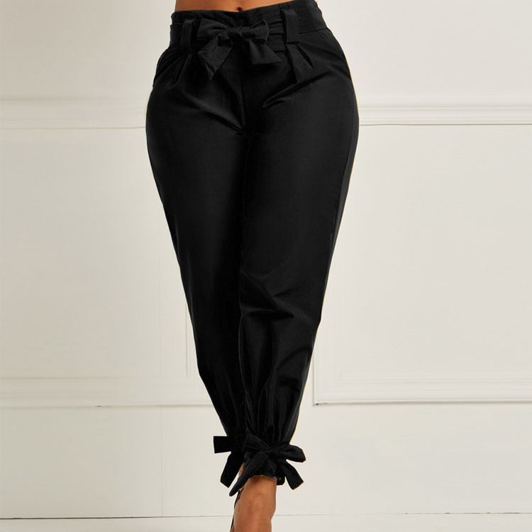Women Summer Harem Pants with Waist Belt Bowtie Solid Trousers Ladies Casual Fashion Middle Waist Girls Street Fashion Clothing