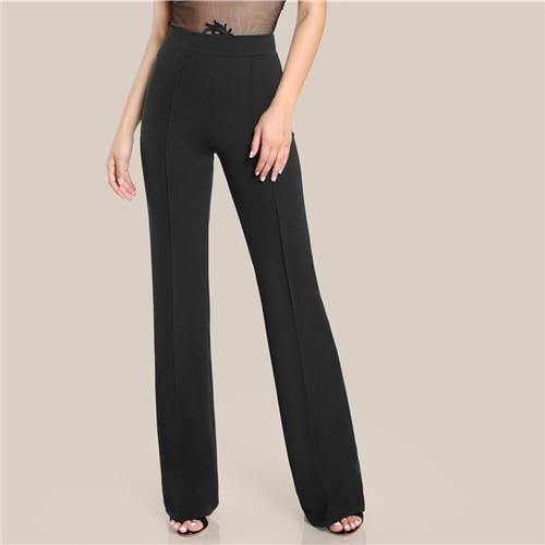 SHEIN Ginger High Rise Piped Pants Elegant Wide Leg Zipper Fly Plain Workwear Trousers Women Stretchy Highstreet Autumn Pants - Surprise store