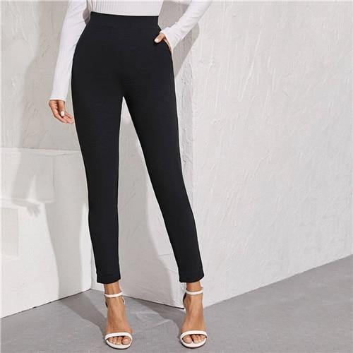 SHEIN Solid Elastic Waist Pocket Side Split Hem Elegant Pants Women Bottoms Autumn High Waist Office Ladies Skinny Trousers - Surprise store