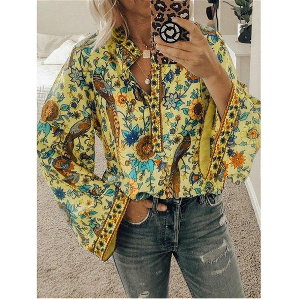 Fanbety Plus size Autumn Chic Blouses women Peacock Floral Print Long Sleeve Shirts women Casual V-neck Boho Blouse Tops Female - Surprise store
