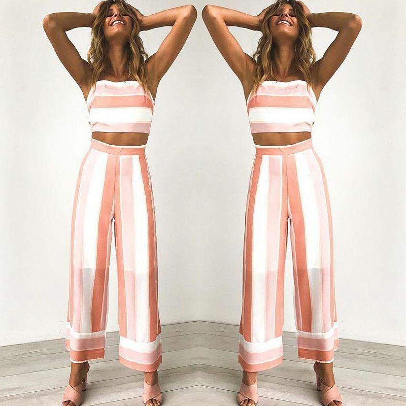 Women striped camis strapless crop top women tops loose pants 2 piece set for female women summer two pieces sets women's suits - Surprise store