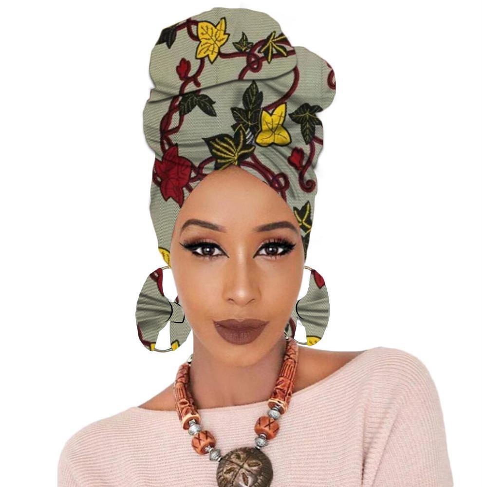 Print turban traditional African headscarf women headtie print headwrap with earring - Surprise store