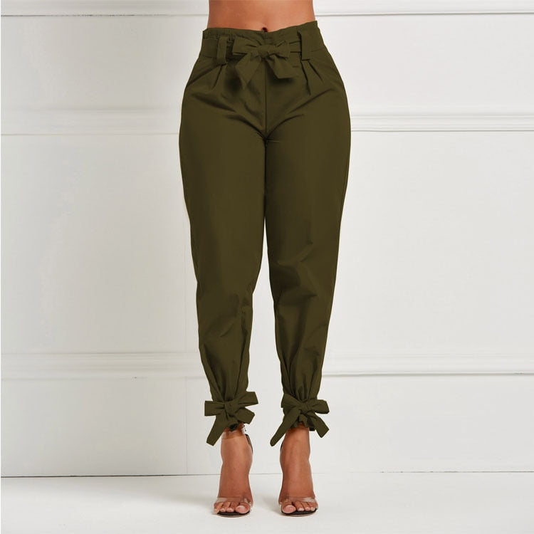 Women Summer Harem Pants with Waist Belt Bowtie Solid Trousers Ladies Casual Fashion Middle Waist Girls Street Fashion Clothing
