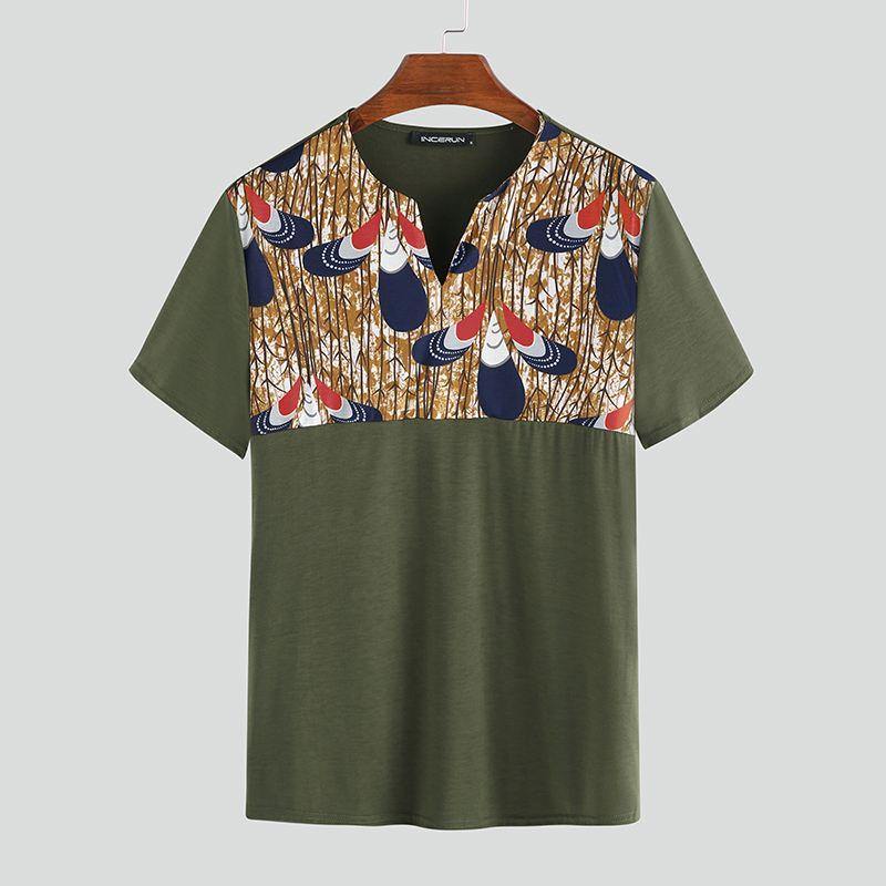INCERUN Fashion Men Casual T Shirt Short Sleeve Print Patchwork V Neck 2020 African Dashiki Tops Summer T-shirts Men Clothes 5XL - Surprise store