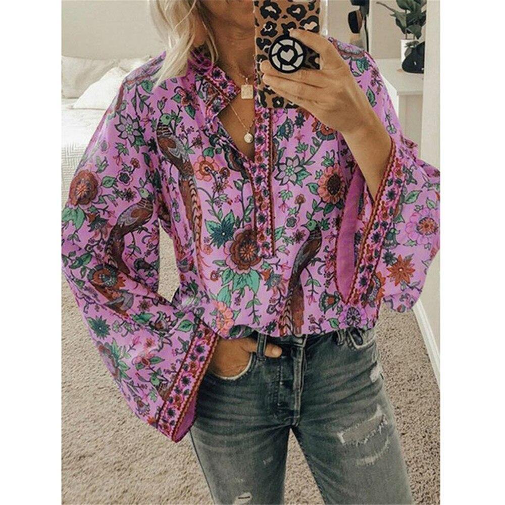 Fanbety Plus size Autumn Chic Blouses women Peacock Floral Print Long Sleeve Shirts women Casual V-neck Boho Blouse Tops Female - Surprise store