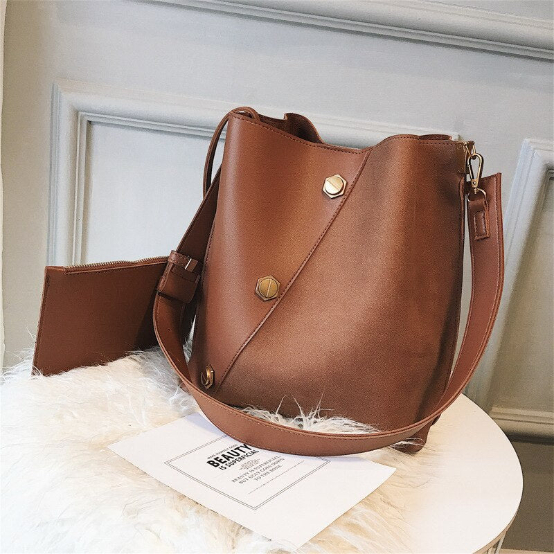 Hot Messenger bag Women Black Bucket Shoulder Bag large capacity vintage Matte PU Leather lady handbag Luxury Designer bolsos