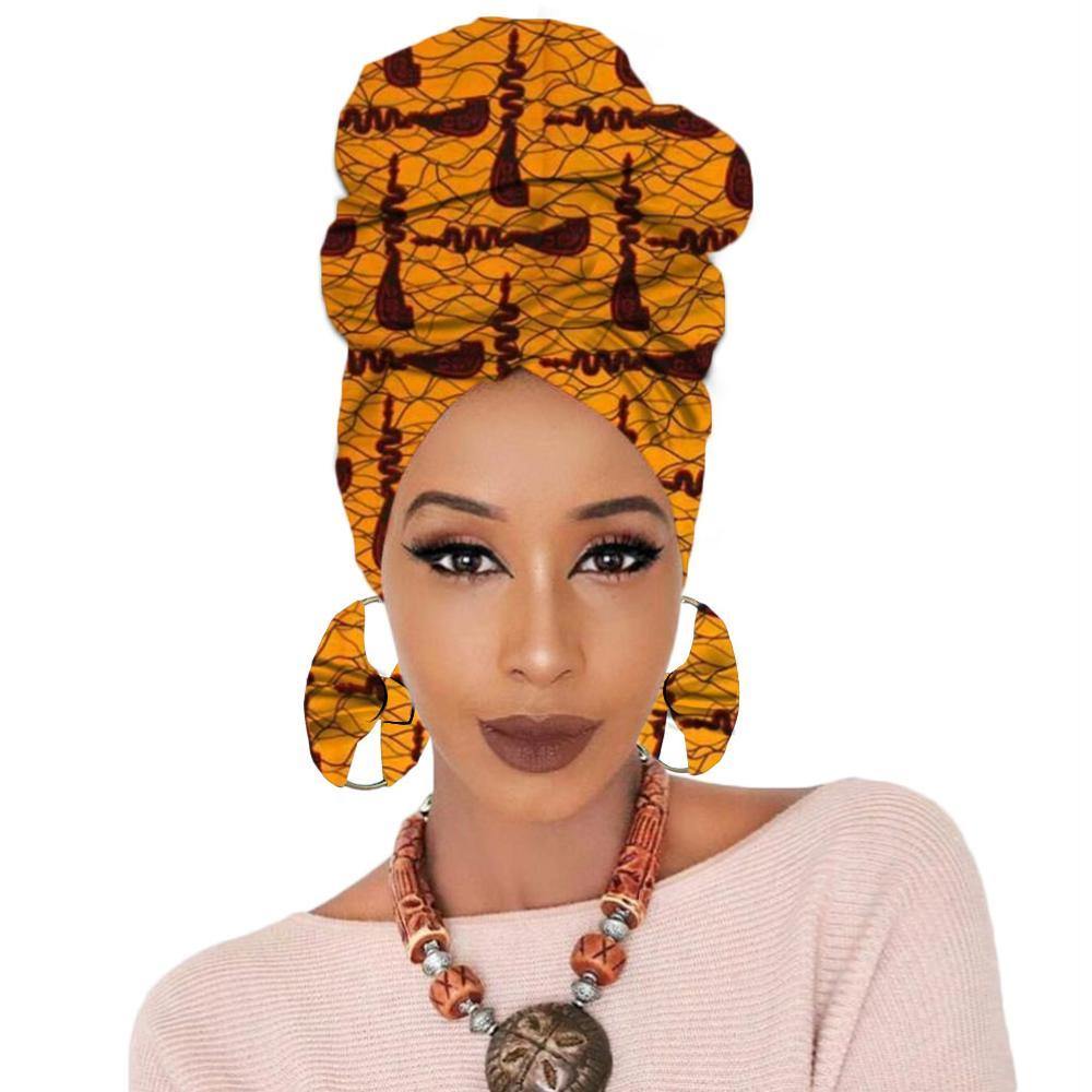 Print turban traditional African headscarf women headtie print headwrap with earring - Surprise store