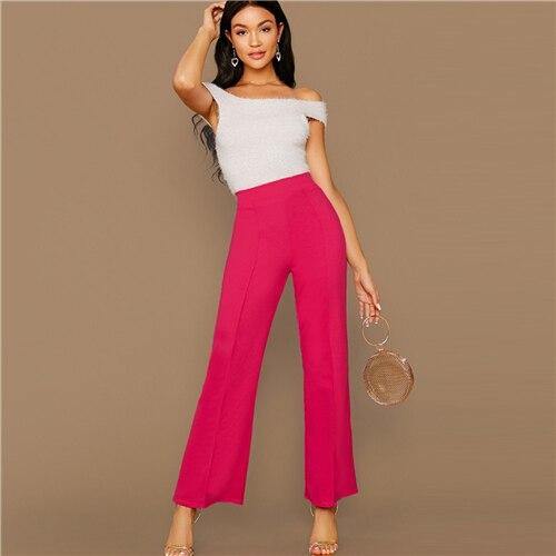 SHEIN Ginger High Rise Piped Pants Elegant Wide Leg Zipper Fly Plain Workwear Trousers Women Stretchy Highstreet Autumn Pants - Surprise store
