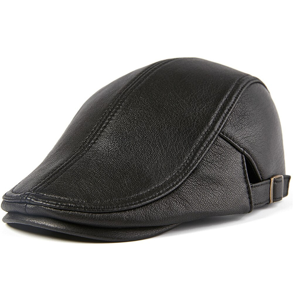 BUTTERMERE Men Beret Hat Real Leather Flat Cap Sheepskin Autumn Winter Male Brown