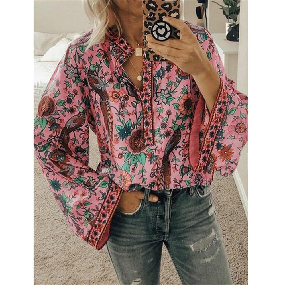 Fanbety Plus size Autumn Chic Blouses women Peacock Floral Print Long Sleeve Shirts women Casual V-neck Boho Blouse Tops Female - Surprise store