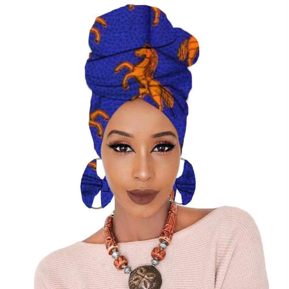 Print turban traditional African headscarf women headtie print headwrap with earring - Surprise store