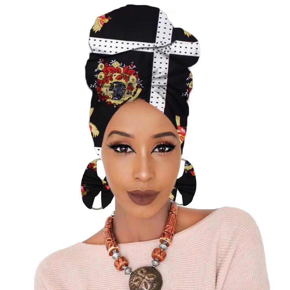 Print turban traditional African headscarf women headtie print headwrap with earring - Surprise store