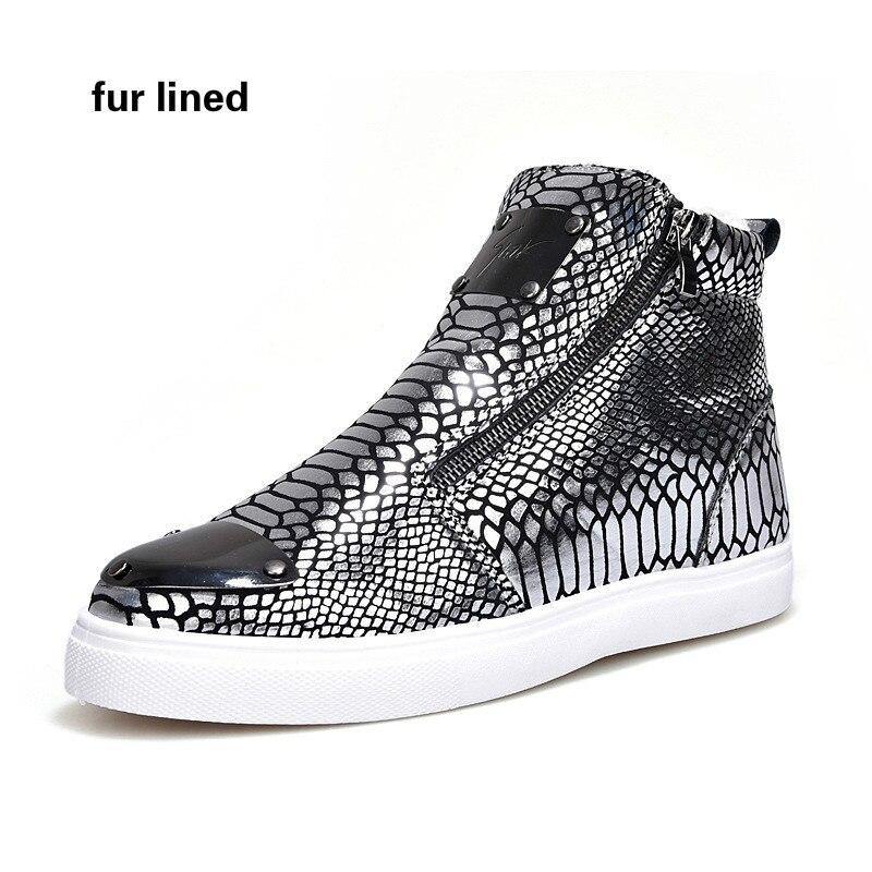 Winter Shoes Men Fashion Bling High Top Zipper Men Sneakers Height Increasing PU Leather Fur Lined Cotton Men Shoes Size 39-44 - Surprise store