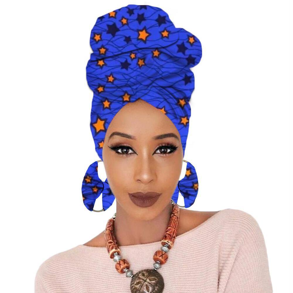 Print turban traditional African headscarf women headtie print headwrap with earring - Surprise store