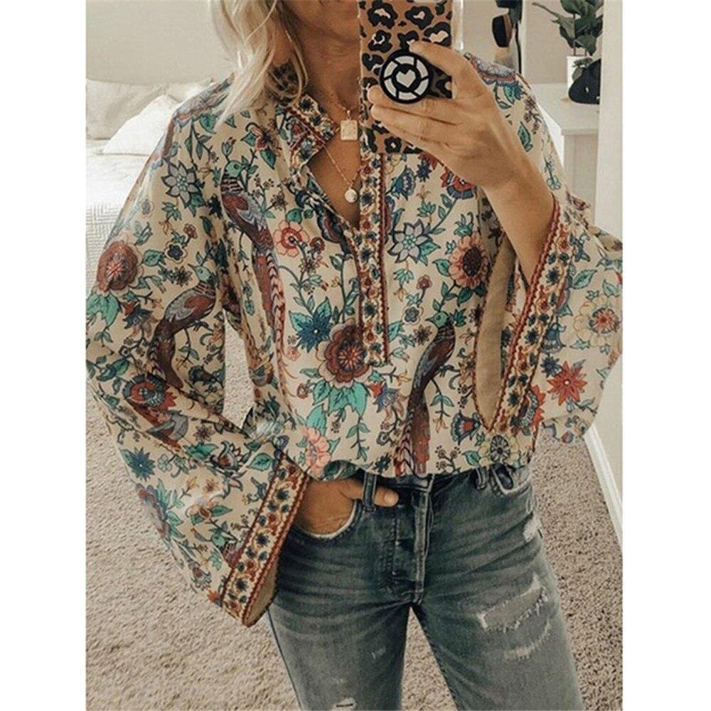 Fanbety Plus size Autumn Chic Blouses women Peacock Floral Print Long Sleeve Shirts women Casual V-neck Boho Blouse Tops Female - Surprise store