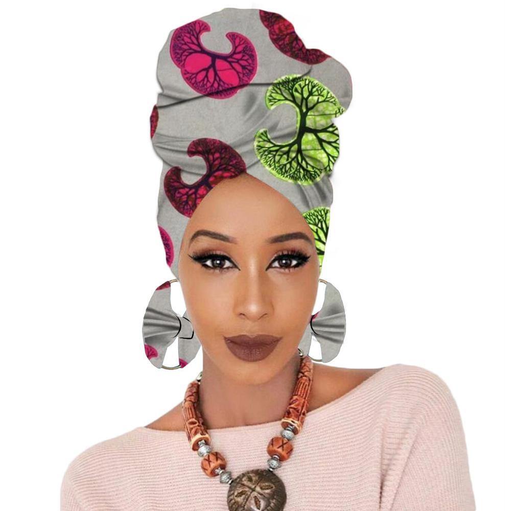 Print turban traditional African headscarf women headtie print headwrap with earring - Surprise store