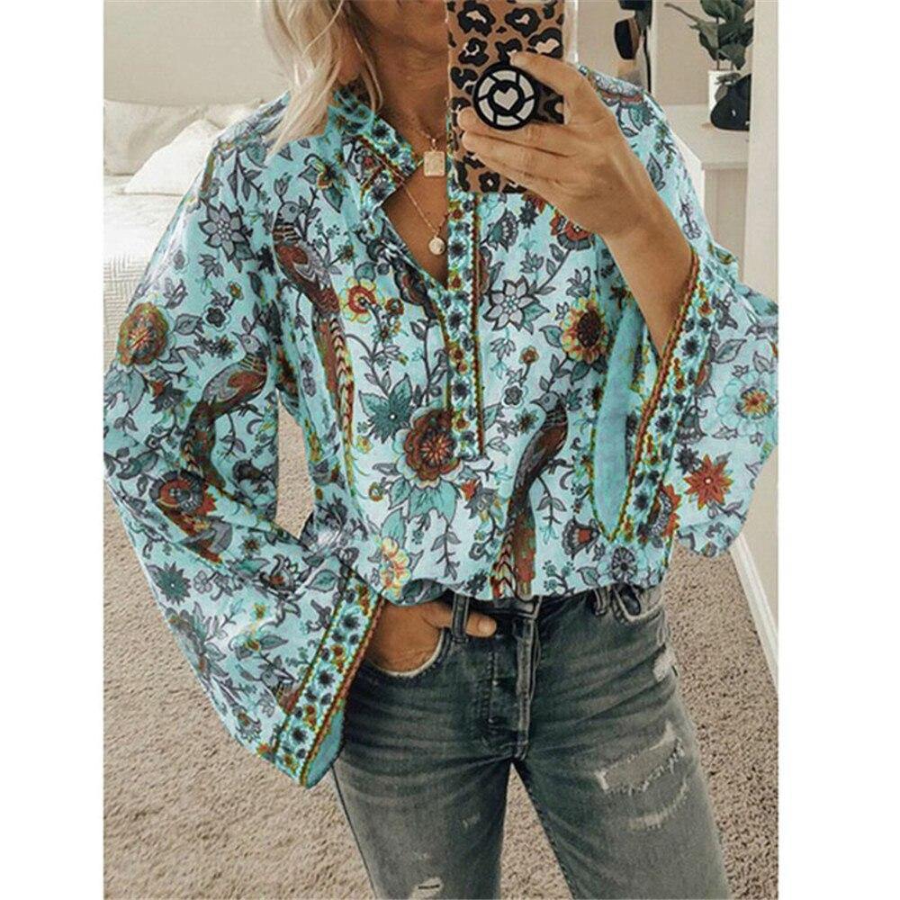 Fanbety Plus size Autumn Chic Blouses women Peacock Floral Print Long Sleeve Shirts women Casual V-neck Boho Blouse Tops Female - Surprise store