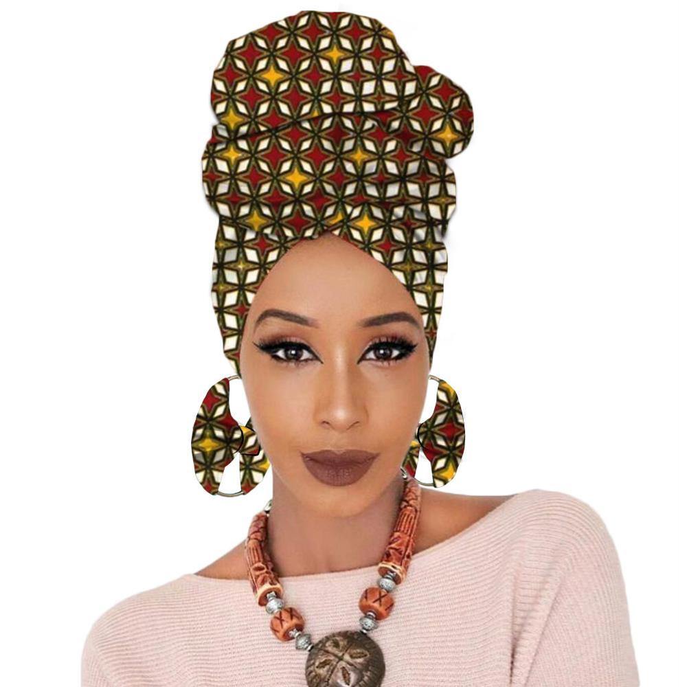 Print turban traditional African headscarf women headtie print headwrap with earring - Surprise store