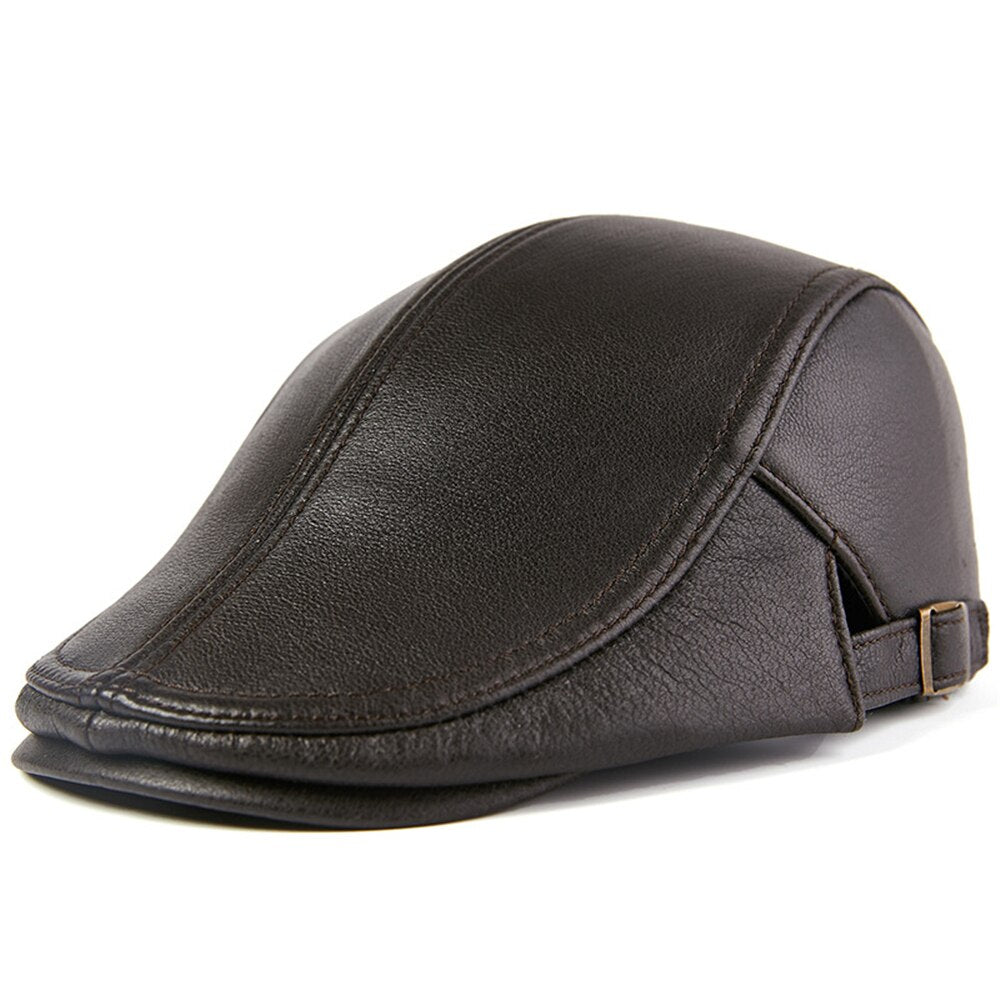 BUTTERMERE Men Beret Hat Real Leather Flat Cap Sheepskin Autumn Winter Male Brown