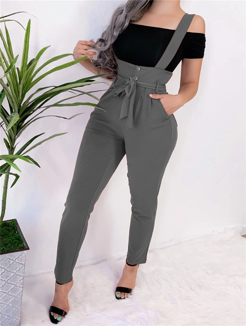 Women Streetwear Long Pants Bandage Design Button Pockets Decor High Waist Pencil Pants Lady Slim Hips Shoulder Straps Trousers