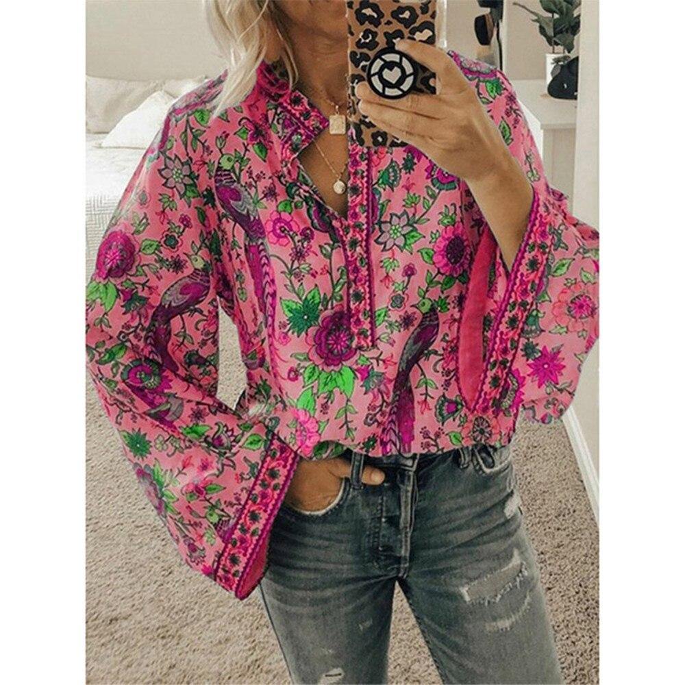 Fanbety Plus size Autumn Chic Blouses women Peacock Floral Print Long Sleeve Shirts women Casual V-neck Boho Blouse Tops Female - Surprise store