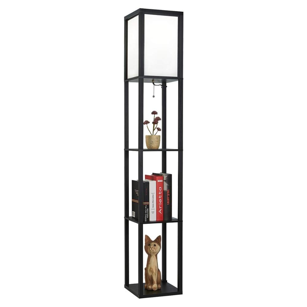 LED Shelf Floor Lamp Wooden Frame Tall Light with Organizer Storage Display Shelves-Modern Standing Lamp for Living Room Bedroom