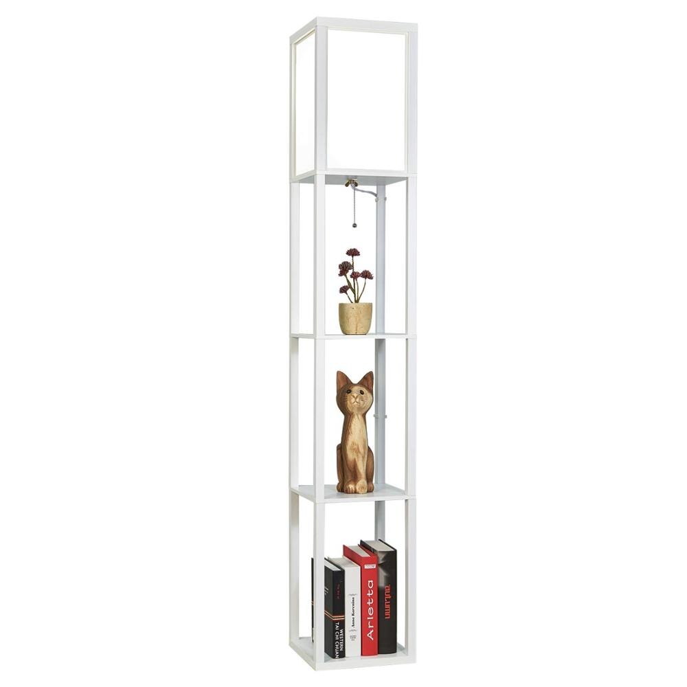 LED Shelf Floor Lamp Wooden Frame Tall Light with Organizer Storage Display Shelves-Modern Standing Lamp for Living Room Bedroom