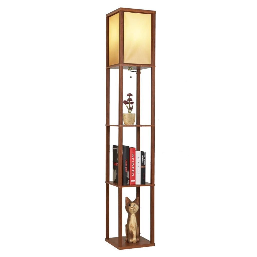LED Shelf Floor Lamp Wooden Frame Tall Light with Organizer Storage Display Shelves-Modern Standing Lamp for Living Room Bedroom
