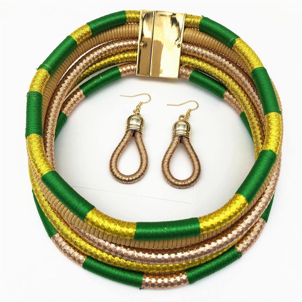 Liffly Brand Necklace Earrings Multi-layer Woven Jewelry Choker Necklace Bridal Wedding African Beads Jewelry Set for Women - Surprise store