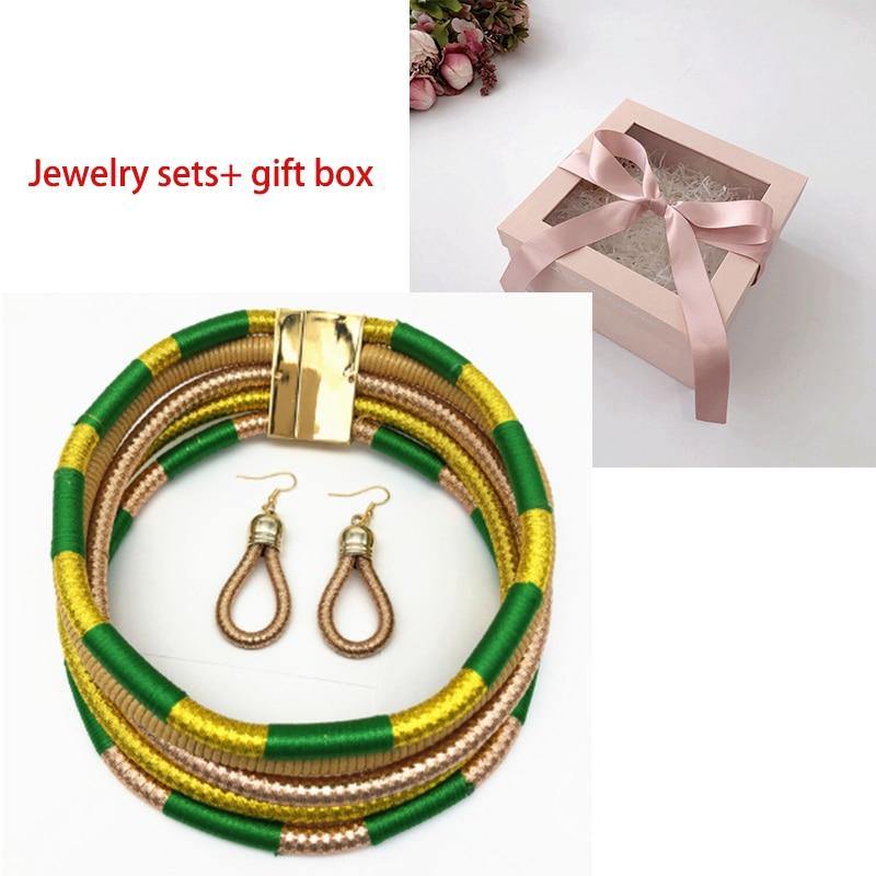 Liffly Brand Necklace Earrings Multi-layer Woven Jewelry Choker Necklace Bridal Wedding African Beads Jewelry Set for Women - Surprise store