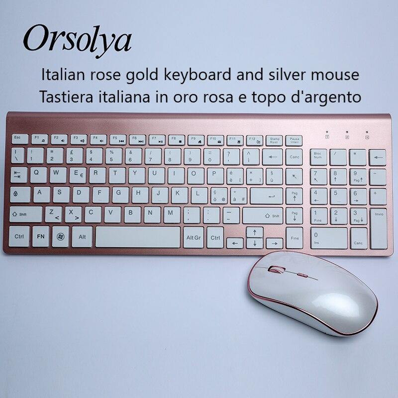 2.4G Wireless Keyboard and Mouse Combo Orsolya Whisper-quiet,UK English/German DE/Italian IT layout keyboard,Rose Gold+Silver - Surprise store