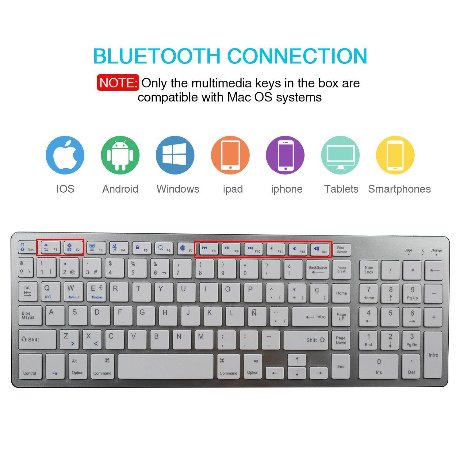 Zienstar Spanish Wireless Bluetooth Keyboard for Ipad,MACBOOK,LAPTOP,Computer and Android Tablet ,Rechargeable Lithium Battery - Surprise store