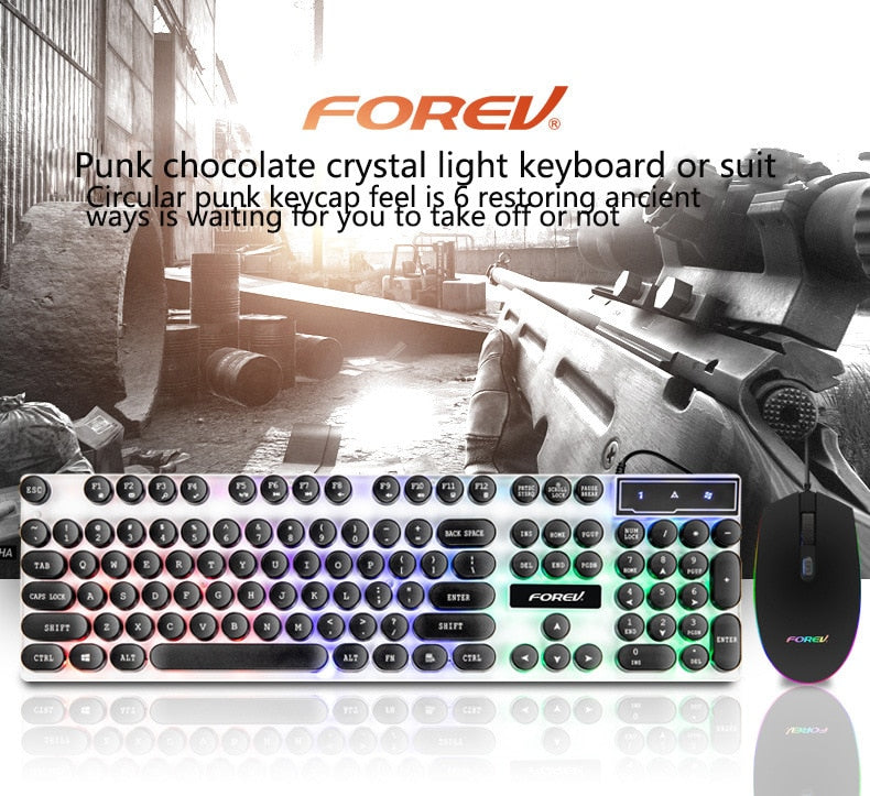 FV-Q90 Wired USB Interface 104-key Punk Keycap Floating Button Backlit Desktop Computer Office Business Game Keyboard and Mouse