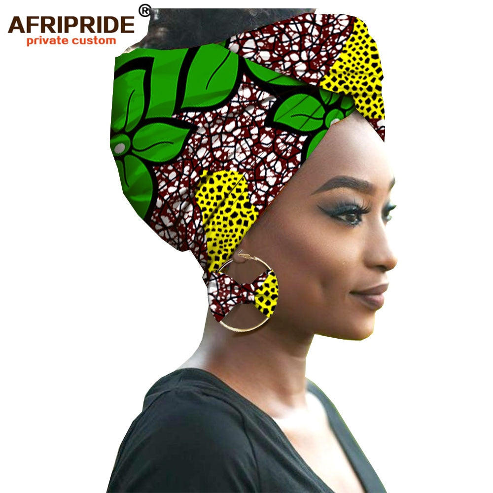 2020 fashion african headwraps+earings 2 piece sets for women bazin riche african head scarf pure cotton A19H002 AFRIPRIDE